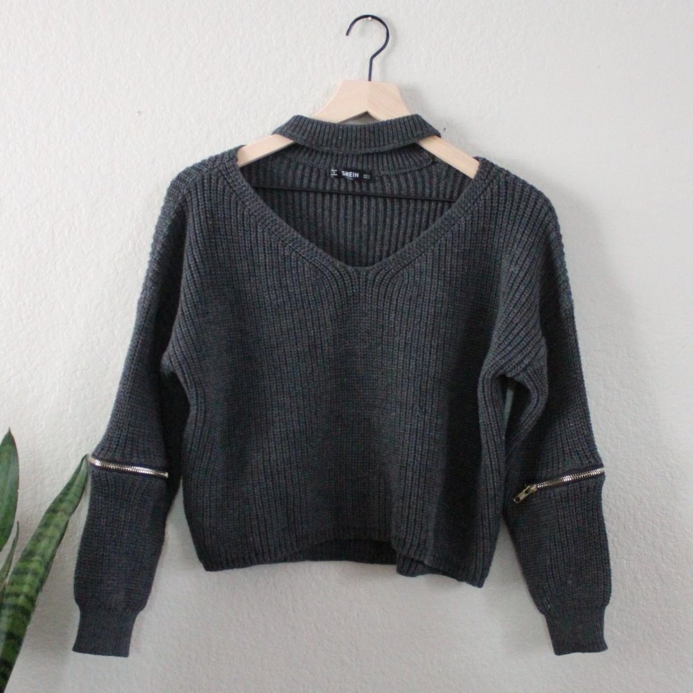 Shein Choker Croped Zip Sleeves Sweater